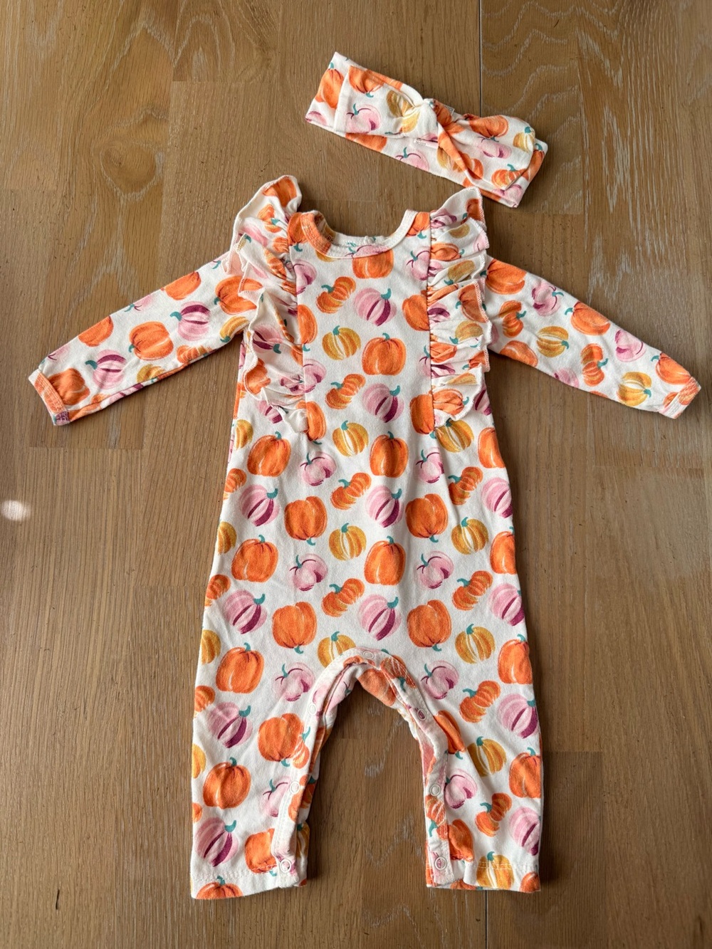 chick pea Pink and Orange Pumpkin-Print Ruffle One-Piece with Headband